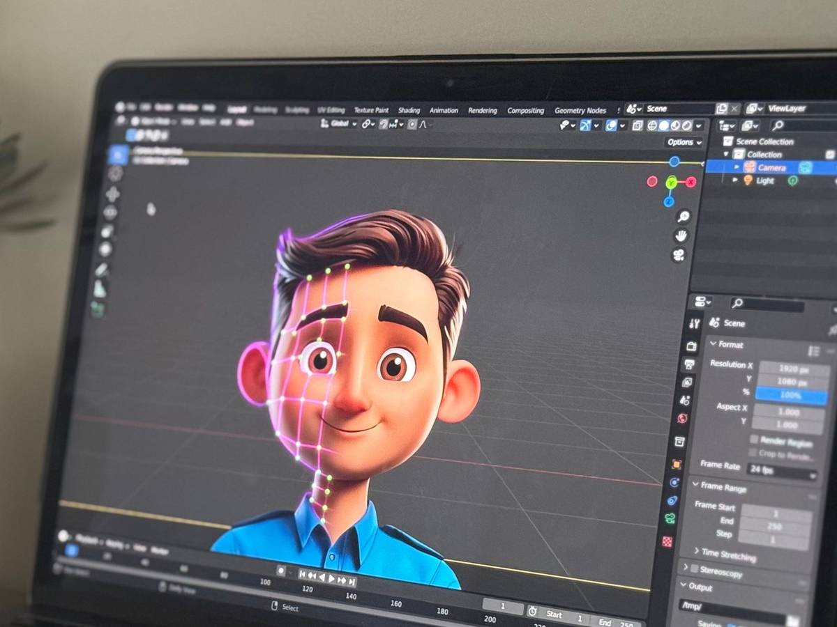A laptop screen showing 3D modeling software with a cartoon character head, half of its face overlaid with a glowing wireframe of edges and vertices.