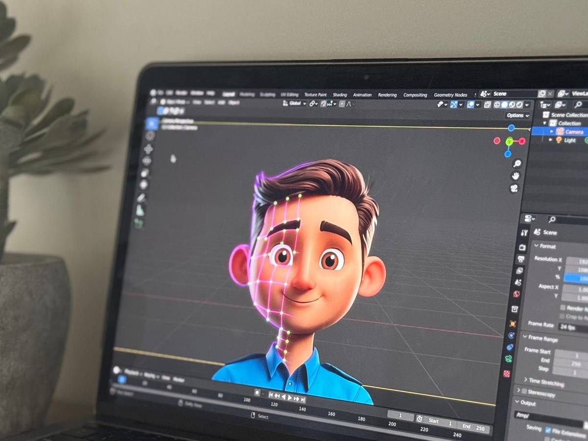 A laptop running 3D animation software, showing a cartoon character with its rig and the animation timeline.