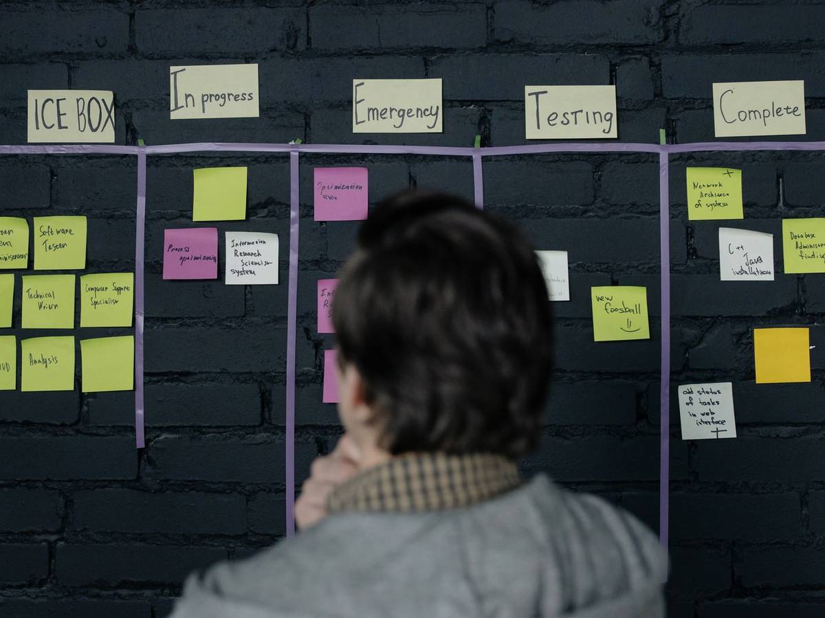 A person seen from behind, hand on chin, studying a task board on a dark brick wall, with handwritten sticky notes in columns labeled Ice Box, In progress, Emergency, Testing and Complete.