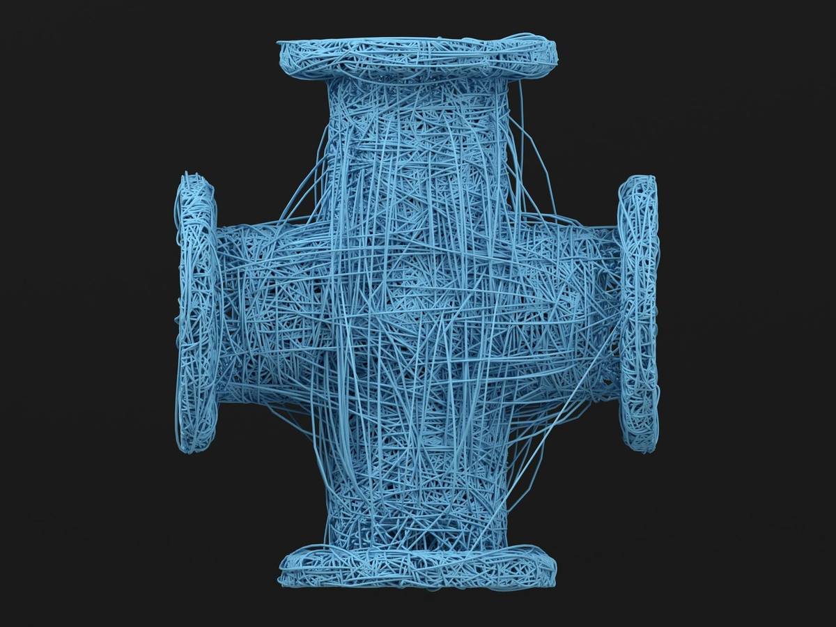 A blue wireframe 3D sculpture, its mesh lines glowing against a black background.
