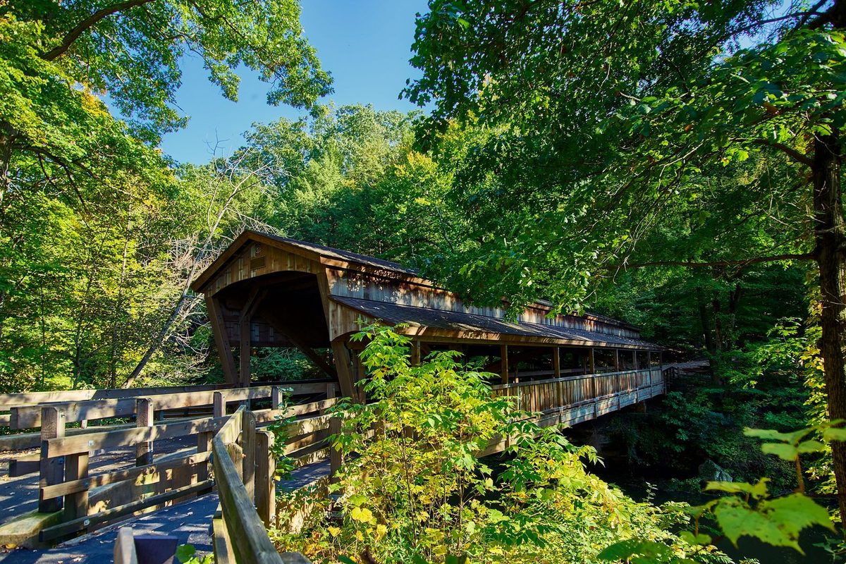 A wooden covered footbridge crossing a wooded ravine, framed by thick green summer trees